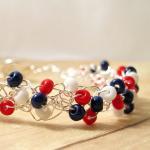 Wire Crochet Bracelet, Red, White And Blue, Beaded..