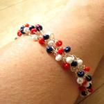 Wire Crochet Bracelet, Red, White And Blue, Beaded..