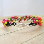 Wire Crochet Bracelet, Neon Pearl Beads, Black..