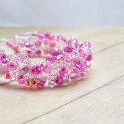 Wire Crochet Bracelet, Pink Beaded Crochet Jewelry