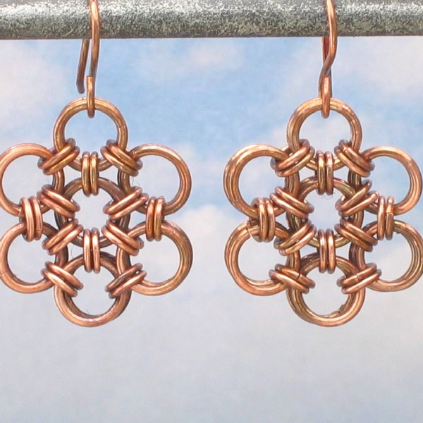 Oxidized Copper Japanese Flower Chain Maille Earrings, Handmade Women's Jewelry, Fashion Accessory