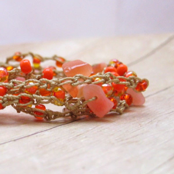 Boho Wrap Bracelet, Crocheted Nylon, Orange, Tangerine Glass Seed Beads, Necklace, Anklet, Handmade Summer Jewelry