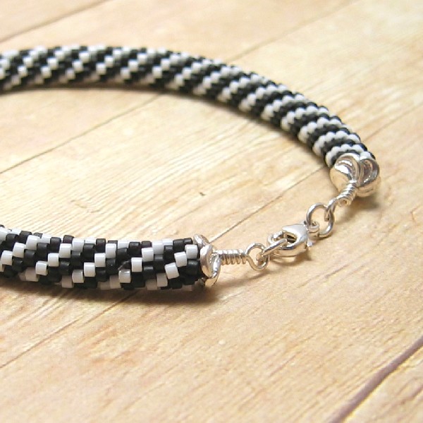 Bead Crochet Bracelet, Black And White Spiral Stripes, Handmade Women's Beaded Jewelry, Fashion Accessory