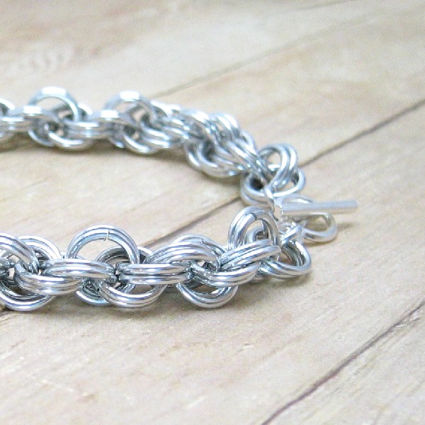 Chain Mail Bracelet, Double Spiral, Aluminum Chain Maille, Casual Jewelry, Silver Accessory