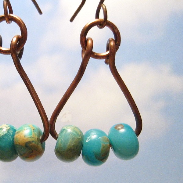 Copper Earrings, Dyed Serpentine Jasper Beads, Aqua, Triangle, Dangle, Oxidized, Rustic Handmade Metalwork Jewelry