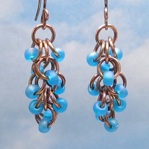 Copper Shaggy Loops Chain Mail Earrings, Oxidized Chain Maille, Aqua Glass Beads, Dangle, Flip Flop Weave, Beaded Metalwork Jewelry