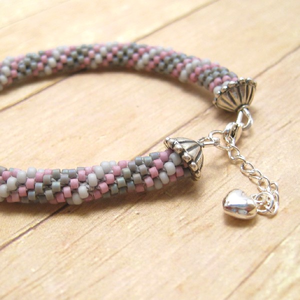Bead Crochet Bracelet, Pink, Grey, Gray, Stripes, Sterling Silver Heart Dangle, Handmade Beaded Jewelry, Beadwork, Pastel Accessory