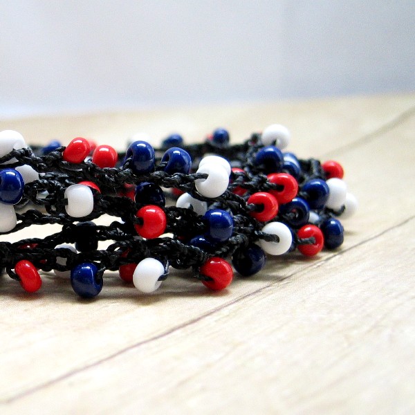 Boho Style Crochet Wrap Bracelet, Red, White, Blue, Black Nylon Cord, Necklace, Anklet, Summer Jewelry, Patriotic, Usa