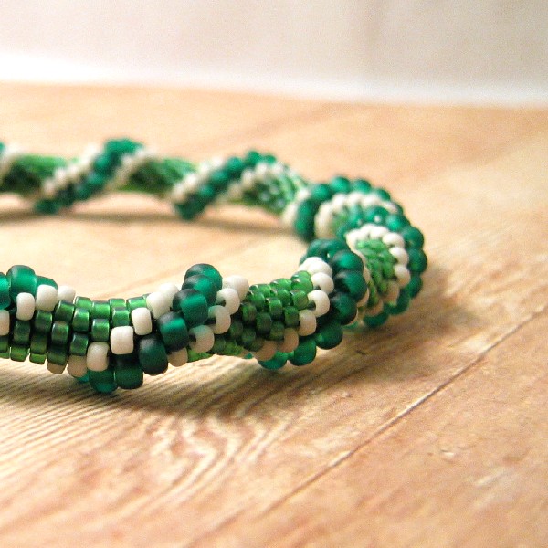Bead Crochet Bangle Bracelet, Dark Green, Light Green, Ivory, Seed Bead Tube, Handmade Beaded Jewelry, Fashion Accessory