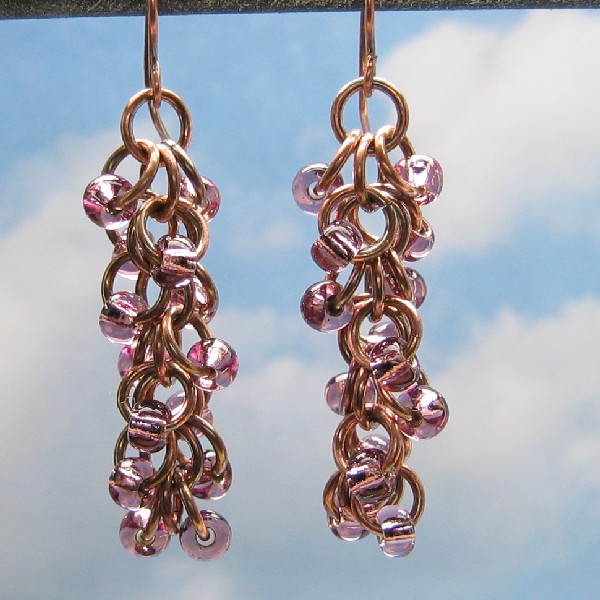 Shaggy Loops Copper Chain Mail Earrings, Purple Glass Seed Beads, Oxidized Handmade Metalwork Chain Maille Jewelry, Women's Fashion