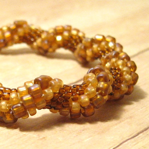 Spiral Bead Crochet Bangle Bracelet, Bronze And Amber Glass Seed Beads, Handmade Beaded Jewelry, Crochet Seed Bead Tube Bracelet