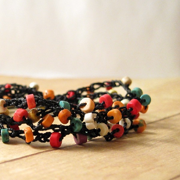 Multi Color Boho Style Crochet Wrap Bracelet, Handmade Summer Jewelry, Necklace, Anklet, Dyed Howlite, Beaded Bohemian Bracelet