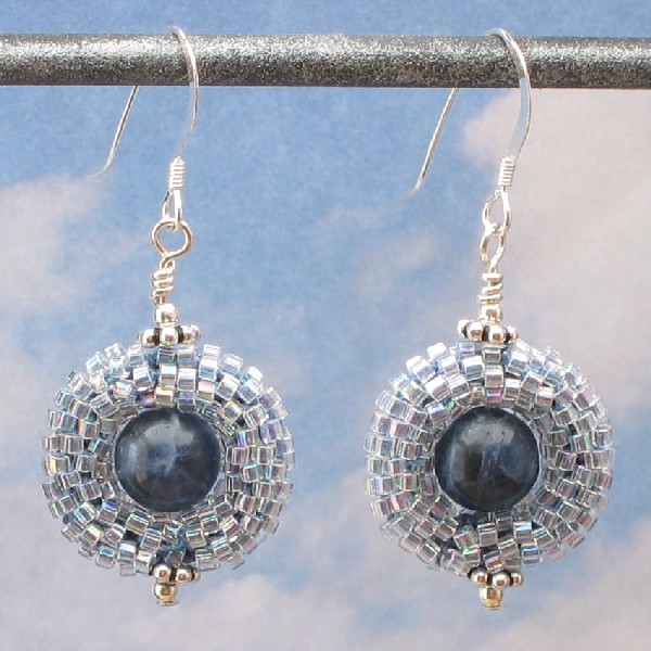 Denim Blue Bead Crochet Earrings, Sodalite Centers, Sterling Silver, Handmade Beaded Jewelry, Dangle, Accessory