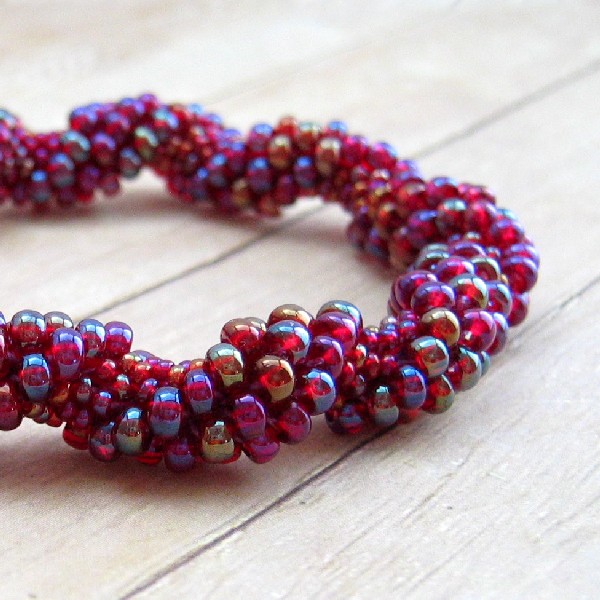 Beaded Bangle Bracelet, Purple Bead Crochet Spiral Beadwork Bracelet, Beadwork Jewelry, Women's Accessory