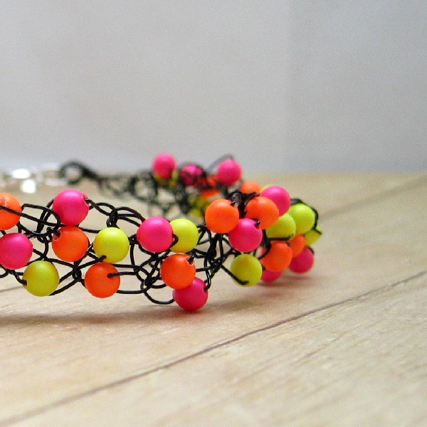 Wire Crochet Bracelet, Neon Pearl Beads, Black Wire, Orange, Yellow, Pink, Beaded Women's Jewelry, Beadwork, Crocheted Accessory