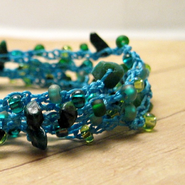 Turquoise Boho Wrap Bracelet, Crochet Beaded Bracelet, Stone Chips And Seed Beads, Bohemian Fashion Jewelry