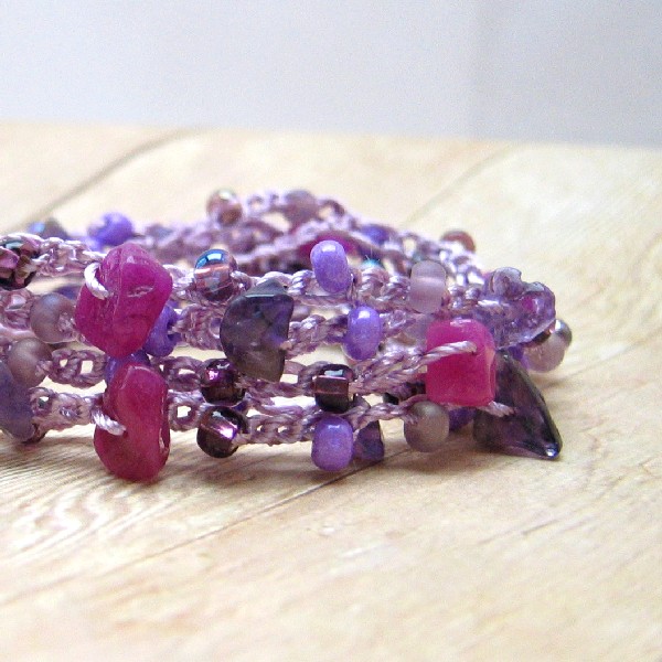 Crochet Wrap Bracelet, Purple Boho Bracelet, Beaded Jewlery, Bohemian Style