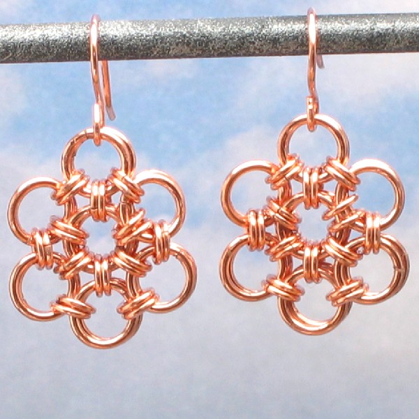 Copper Earrings, Japanese Flower Chain Mail Earrings, Women's Chain Maille Jewelry