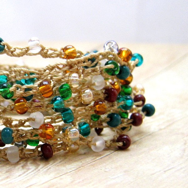 Autumn Color Wrap Bracelet, Crochet Boho Bracelet, Bohemian Style Jewelry, Fall Accessory