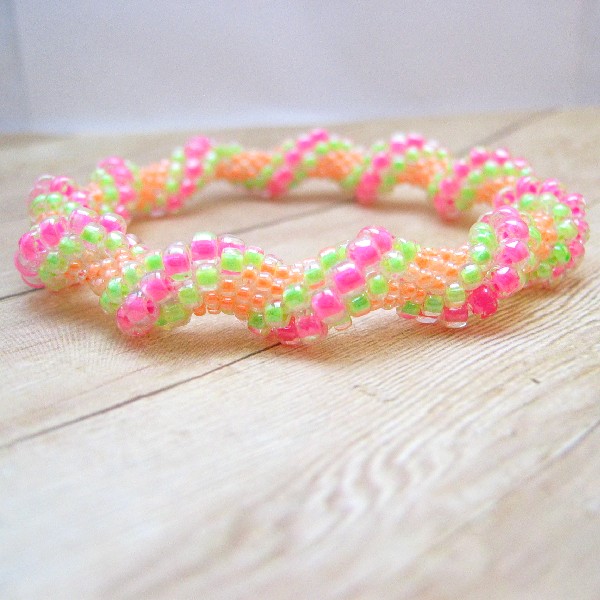 Neon Bead Crochet Bangle Bracelet, Pink, Orange, Green, Bright Beadwork ...